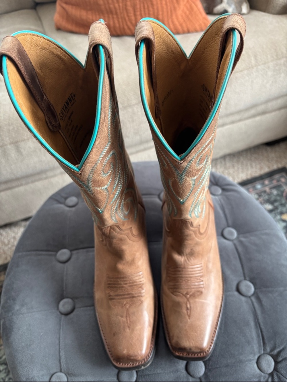 Shyanne Brown Leather Western Boots with Turquoise Trim